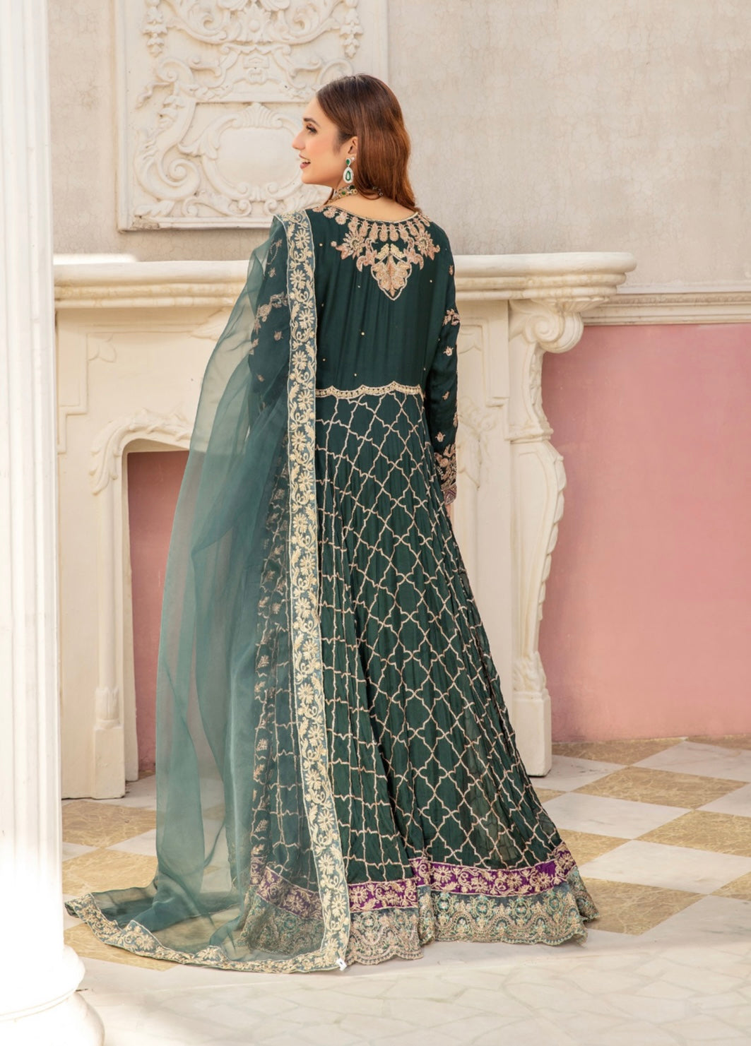 SIMRANS Ivana 3 piece chiffon embroidered collection in dark green ICD-006