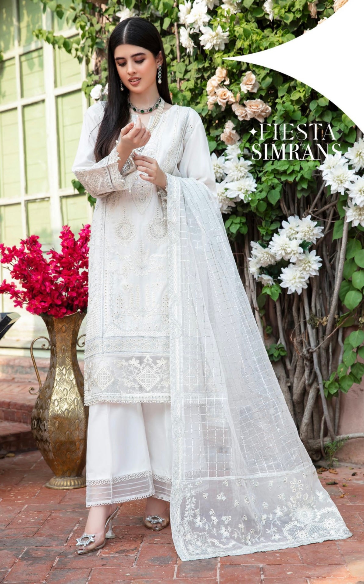 SIMRANS FIESTA MOTHER DAUGHTER/kids luxury embroidery lawn collection in white FMD-01
