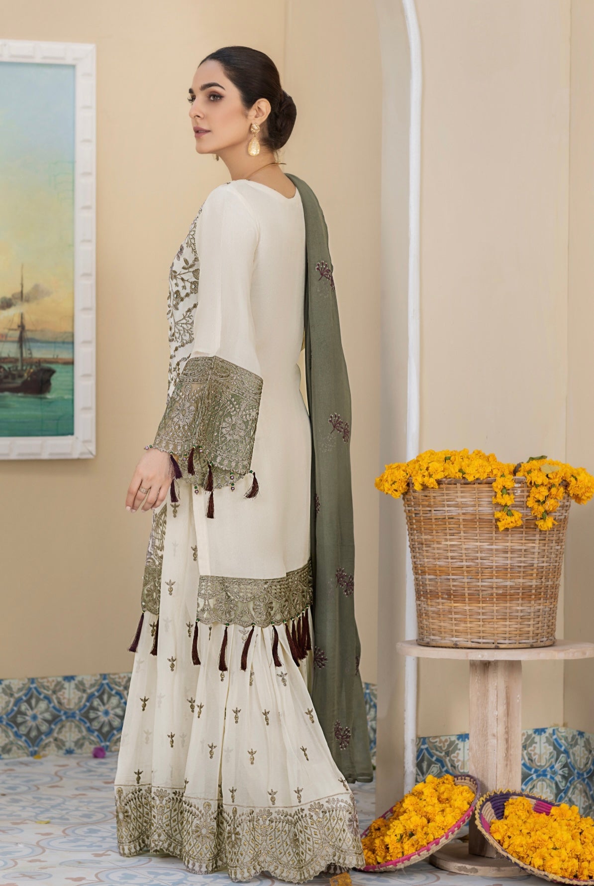 SIMRANS 3 Piece Amber chiffon collection embroidered suit AMBERLIGHT-OFFWHITE