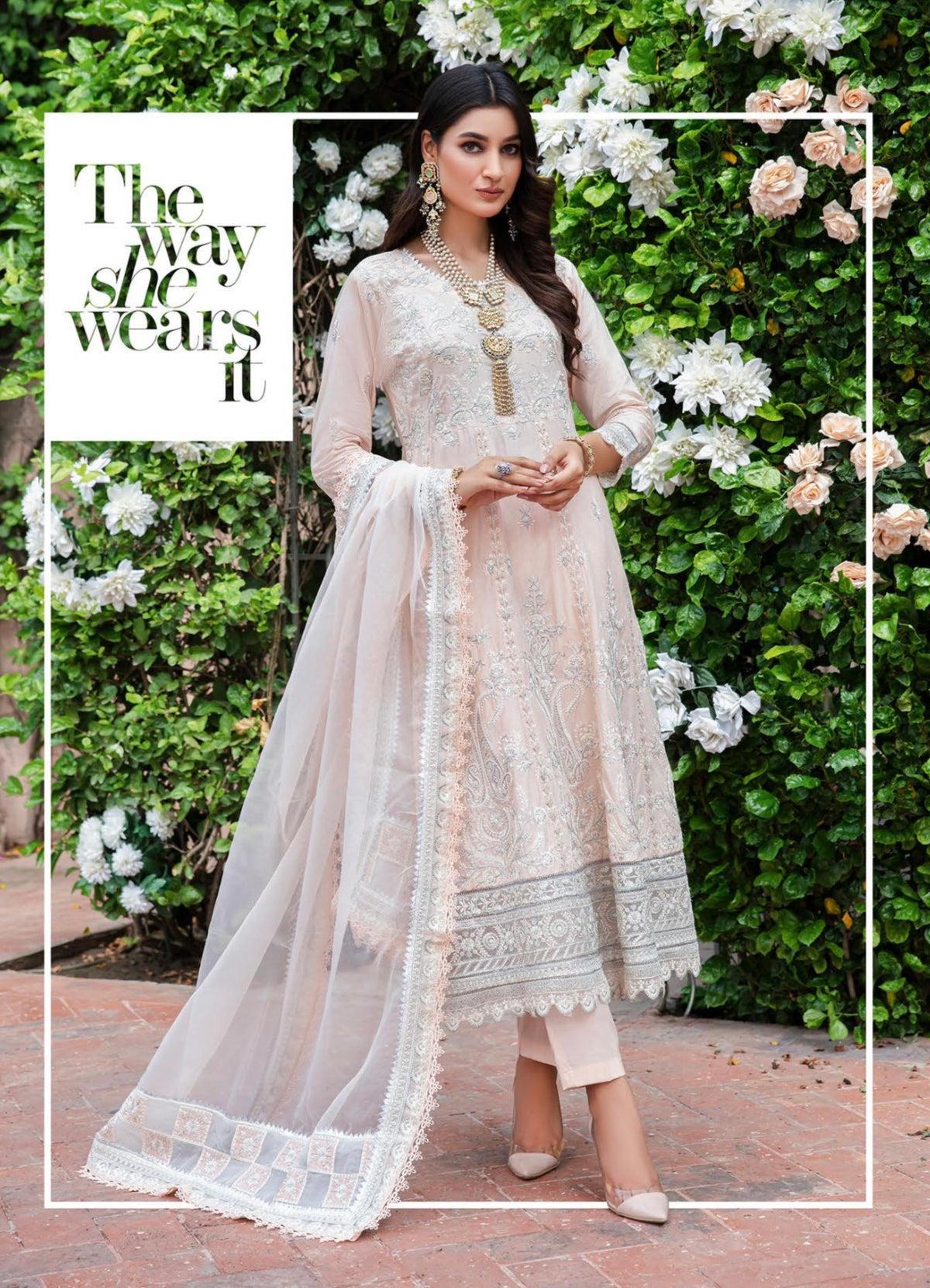 SIMRANS FIESTA MOTHER DAUGHTER/kids luxury embroidery lawn collection in light peach FMD-02