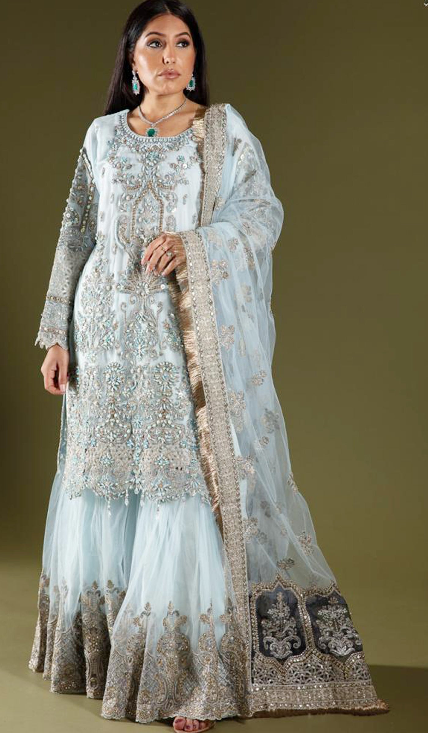 SIMRANS chiffon Imrozia 3 piece luxury embroidered gharara suit in blue