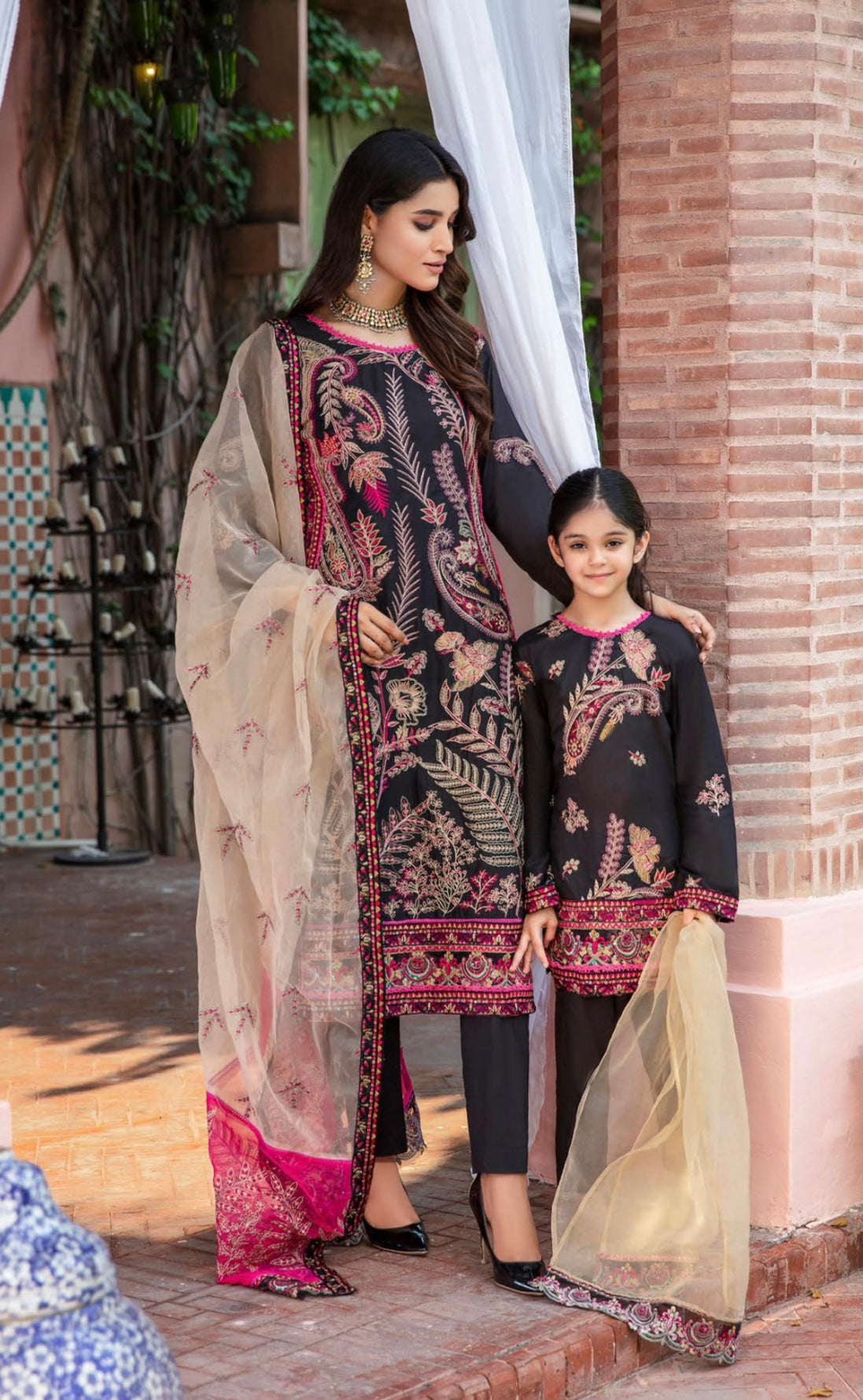 SIMRANS FIESTA MOTHER DAUGHTER/kids luxury embroidery lawn collection in black FMD-03