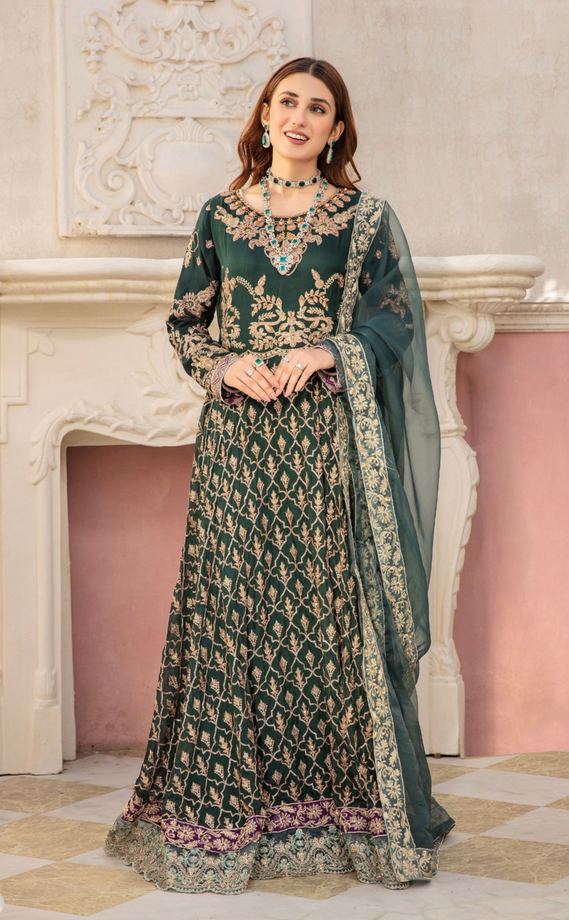 SIMRANS Ivana 3 piece chiffon embroidered collection in dark green ICD-006