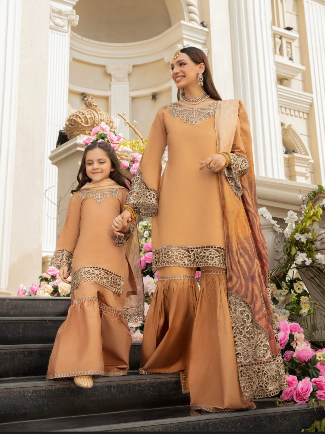 SIMRANS Ivana luxury embroidered 3pc lawn suit in rust brown Mother Daughter/kids