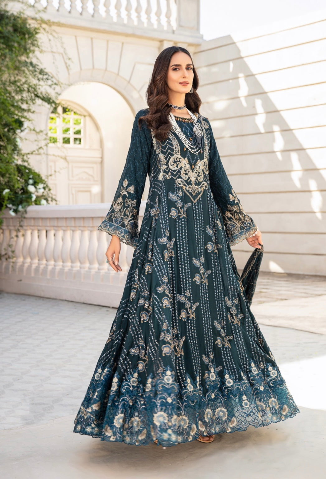 SIMRANS Ivana 3 piece chiffon embroidered teal long dress ICD-003