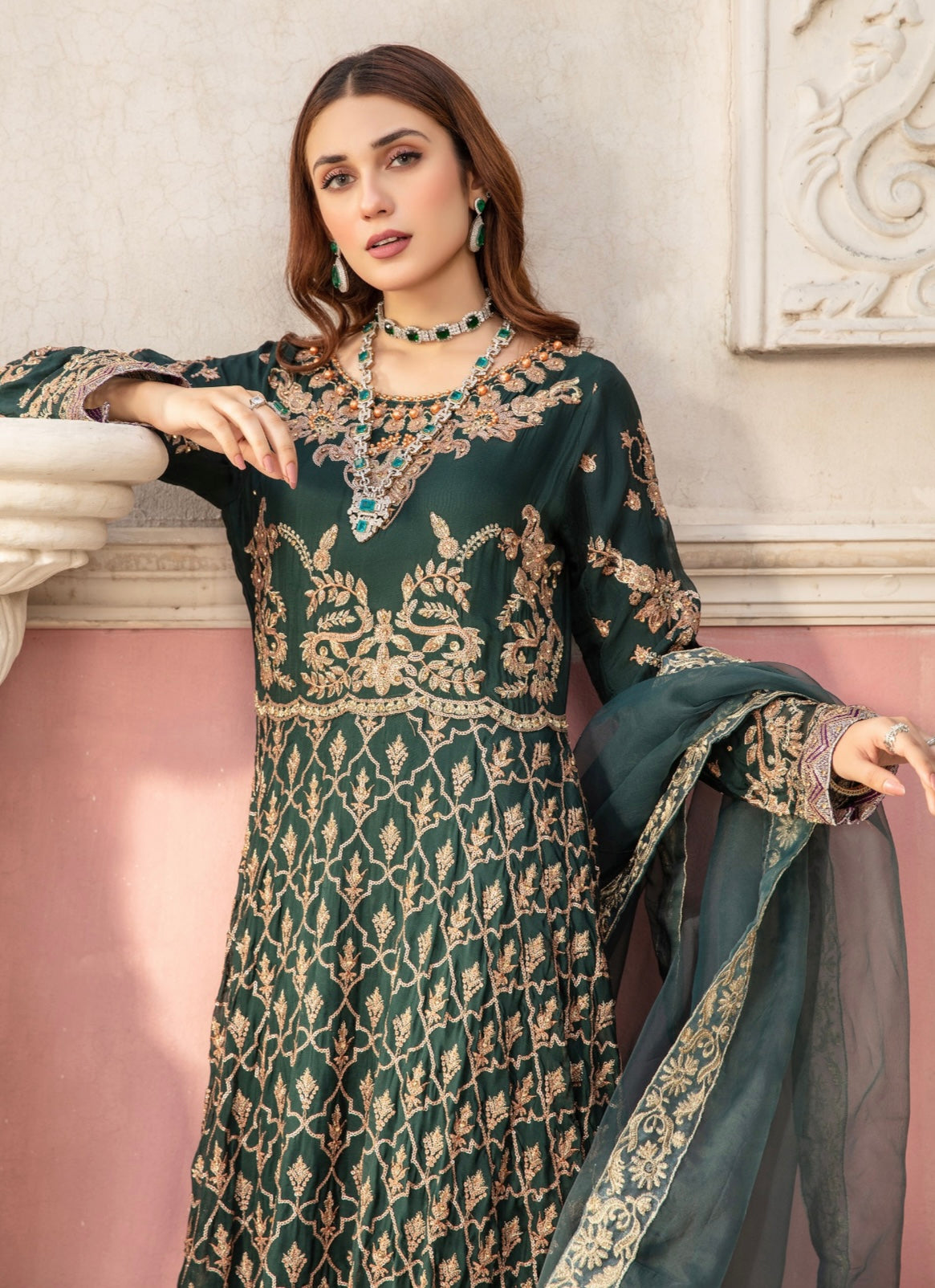 SIMRANS Ivana 3 piece chiffon embroidered collection in dark green ICD-006