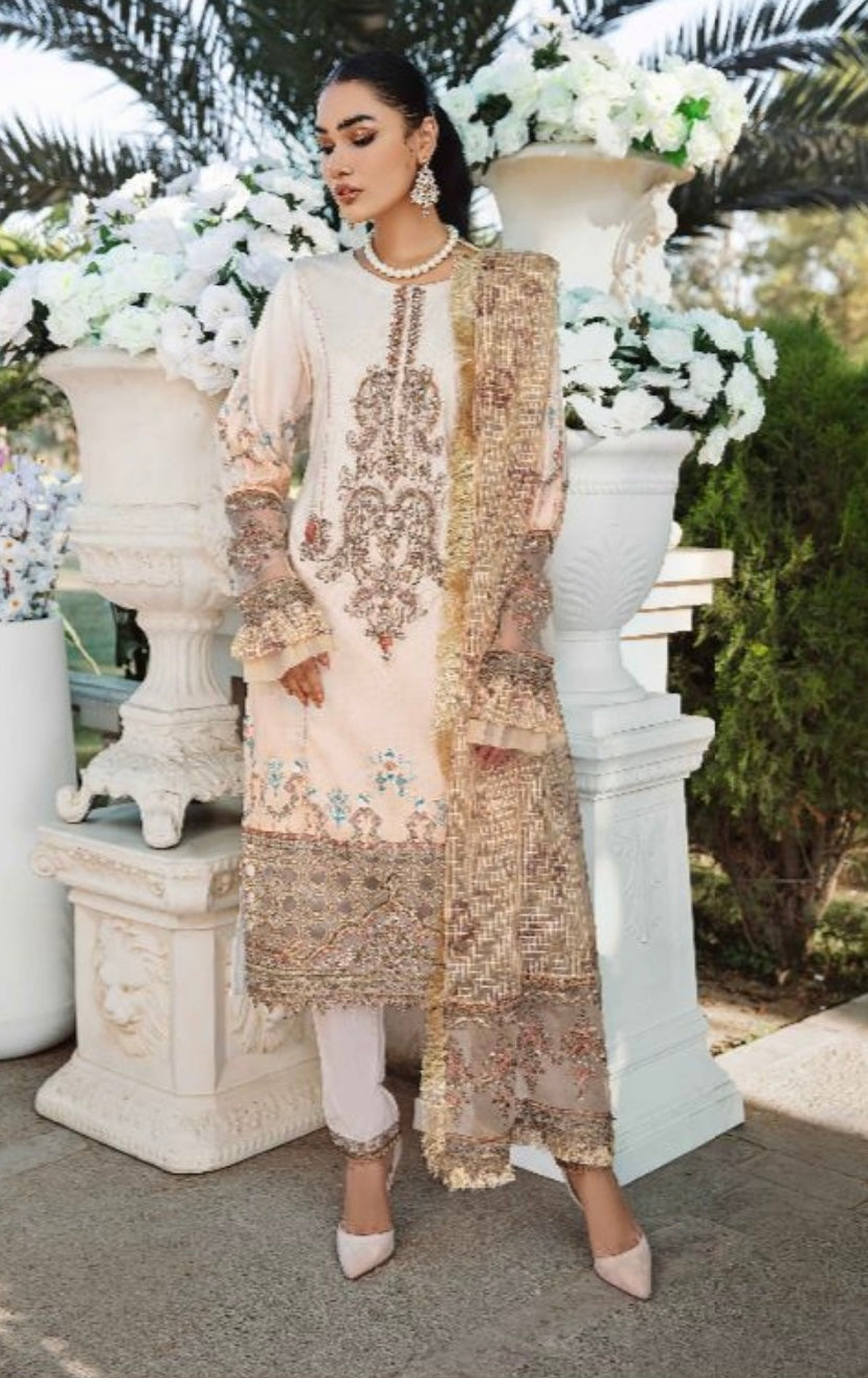 SIMRANS Ivana beaded embroidered lawn suit in beige Mother Daughter/kids