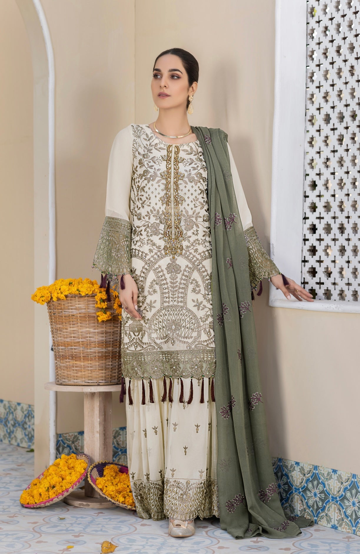 SIMRANS 3 Piece Amber chiffon collection embroidered suit AMBERLIGHT-OFFWHITE