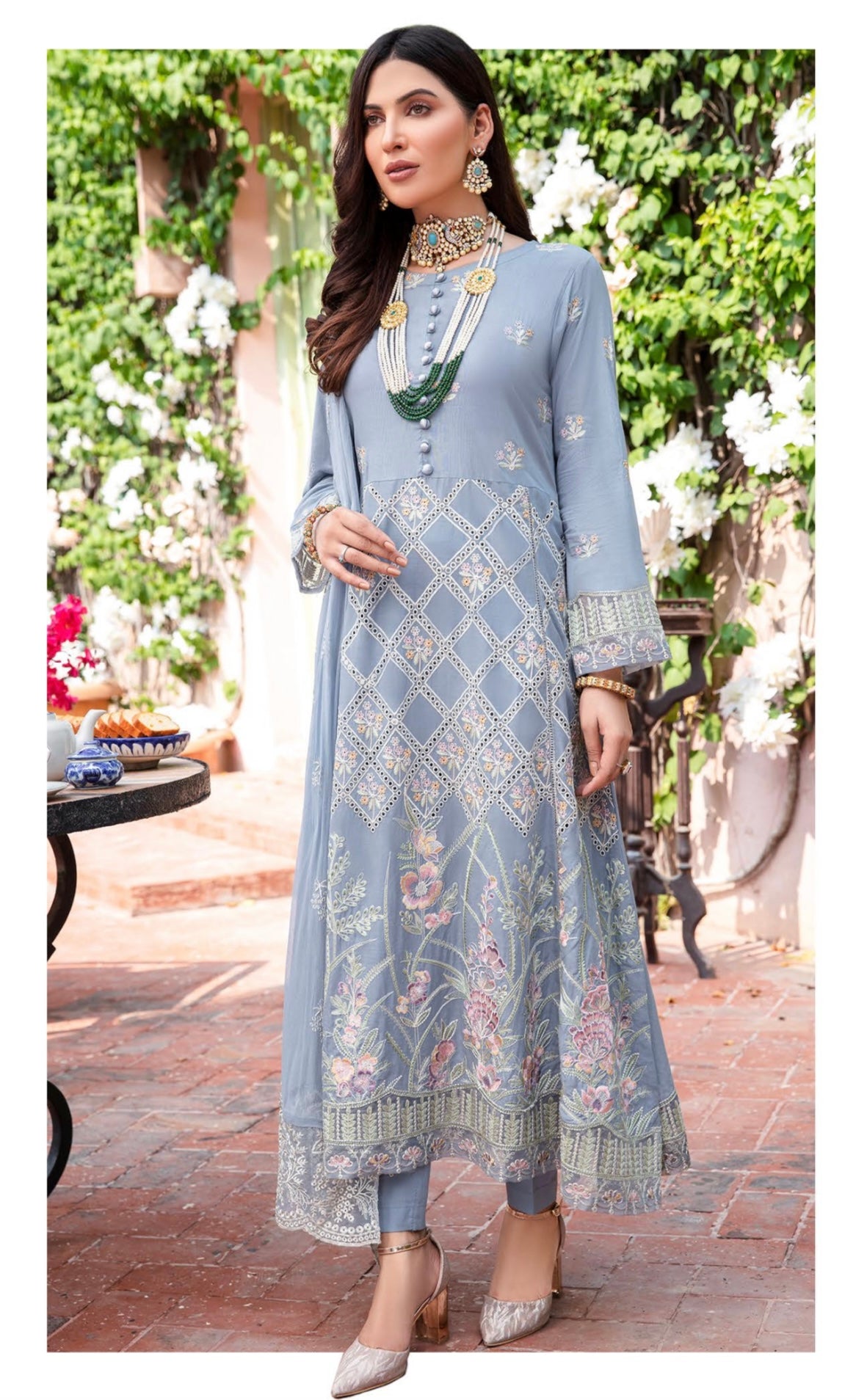 SIMRANS FIESTA MOTHER DAUGHTER/kids luxury embroidery lawn collection in sky blue FMD-05