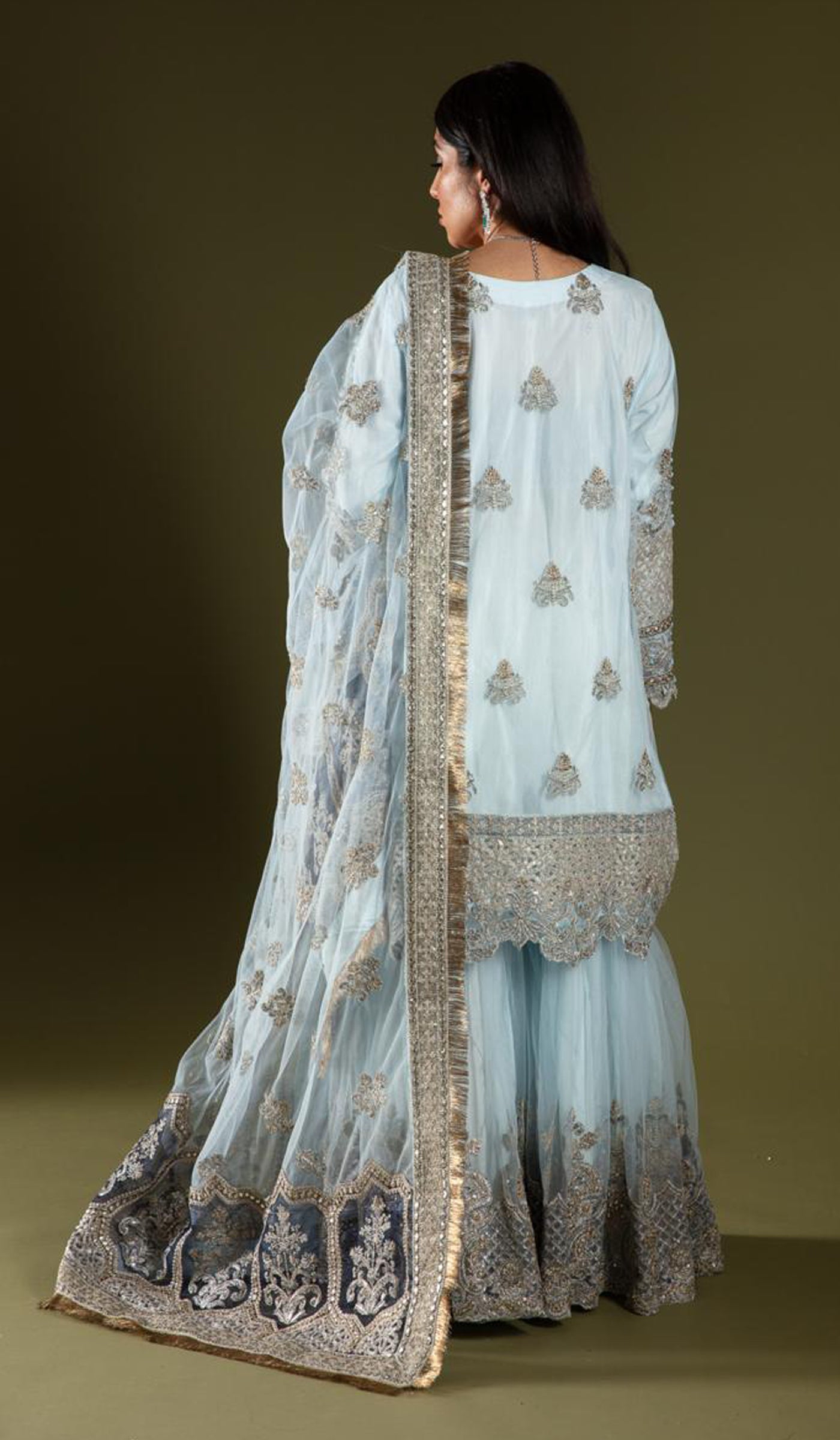 SIMRANS chiffon Imrozia 3 piece luxury embroidered gharara suit in blue