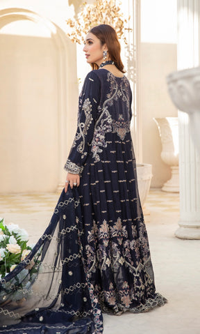SIMRANS Ivana 3 piece chiffon embroidered collection in Navy blue ICD-008