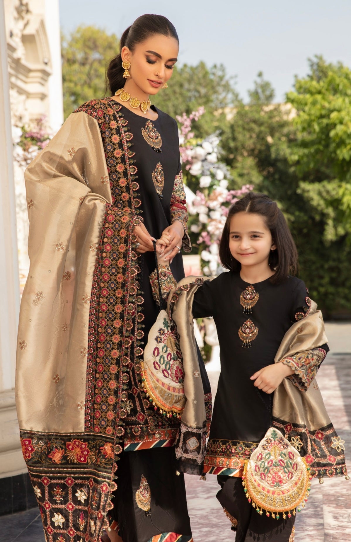 SIMRANS Ivana luxury embroidered 3pc lawn suit in black Mother Daughter/kids