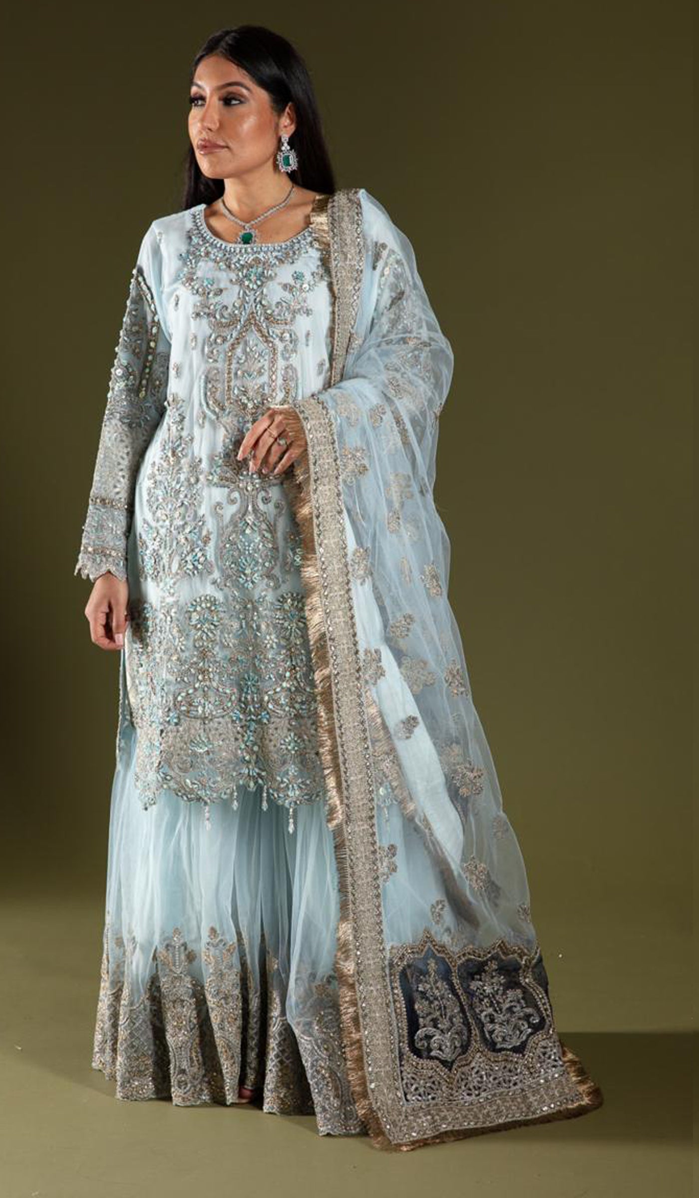 SIMRANS chiffon Imrozia 3 piece luxury embroidered gharara suit in blue