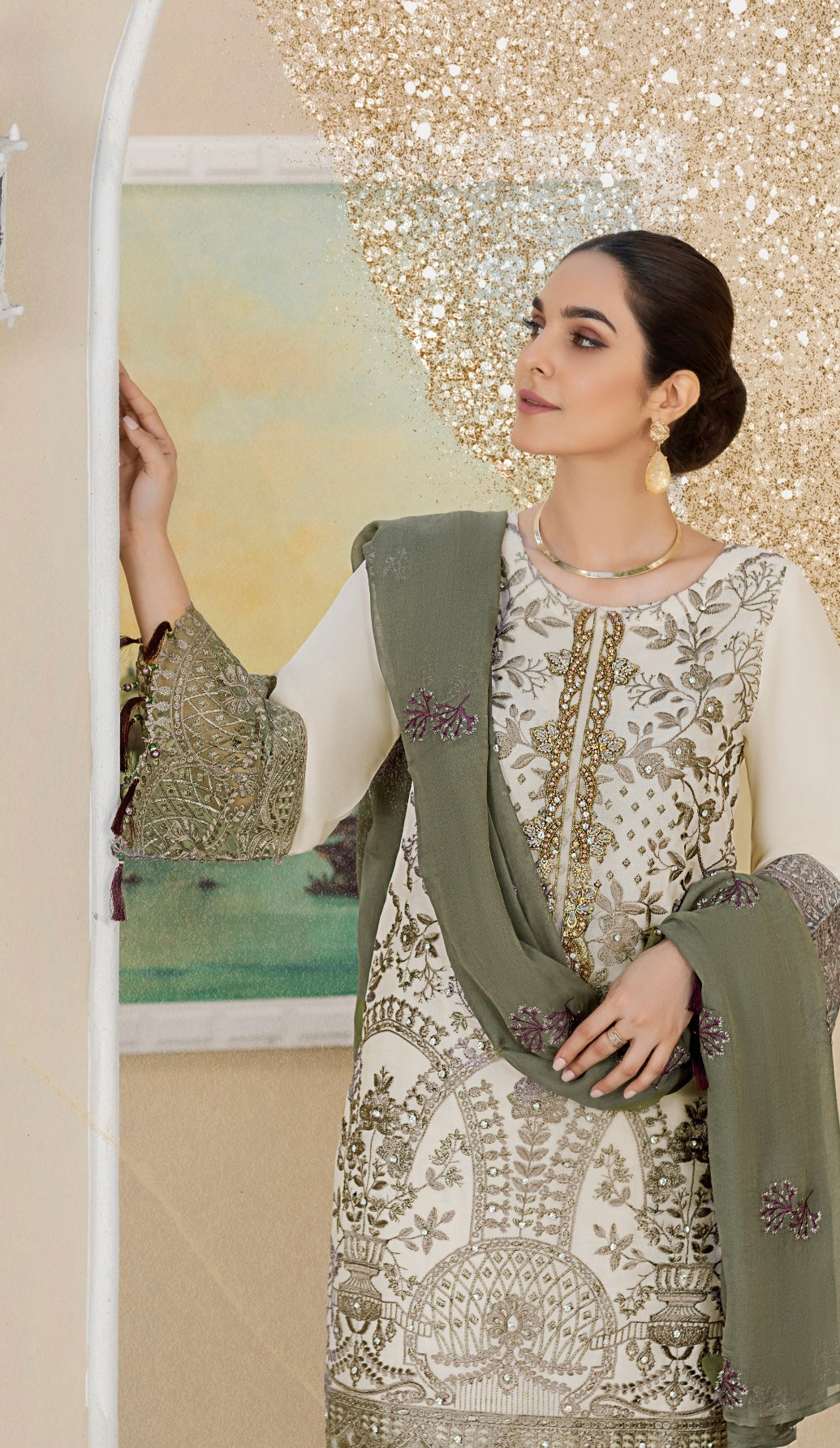 SIMRANS 3 Piece Amber chiffon collection embroidered suit AMBERLIGHT-OFFWHITE