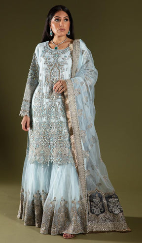 SIMRANS chiffon Imrozia 3 piece luxury embroidered gharara suit in blue