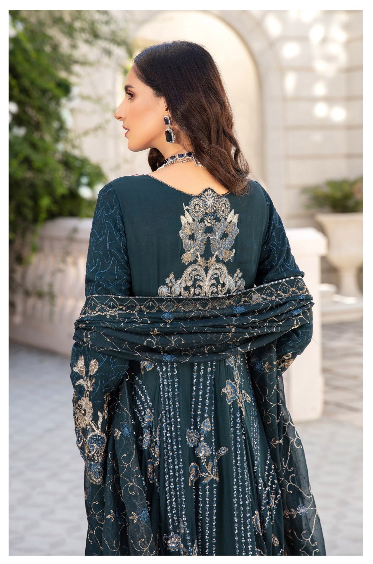 SIMRANS Ivana 3 piece chiffon embroidered teal long dress ICD-003