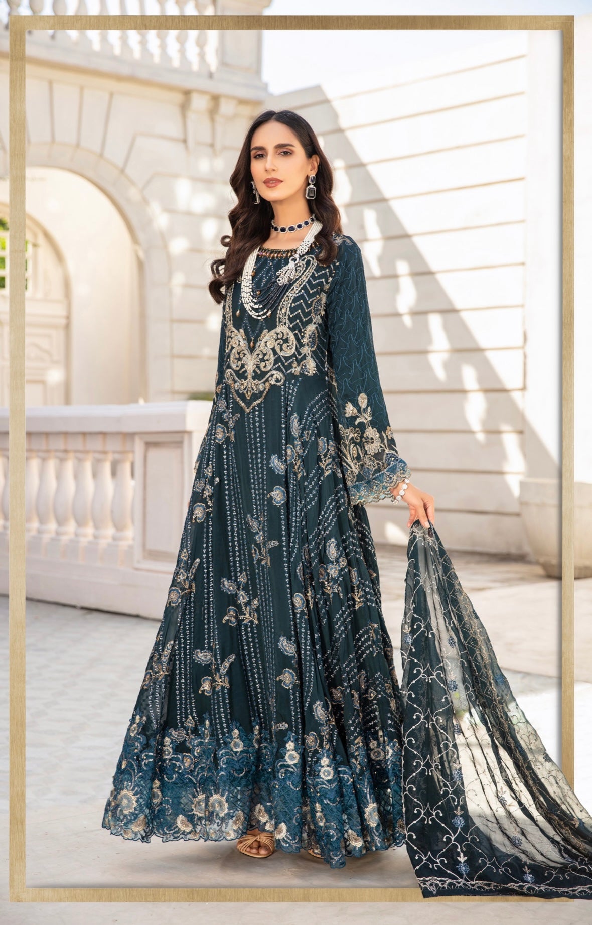 SIMRANS Ivana 3 piece chiffon embroidered teal long dress ICD-003