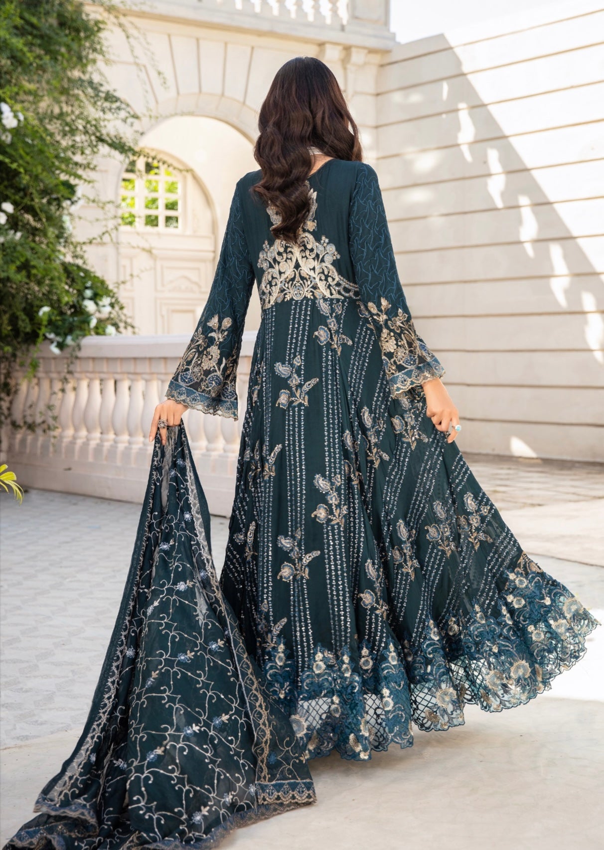 SIMRANS Ivana 3 piece chiffon embroidered teal long dress ICD-003