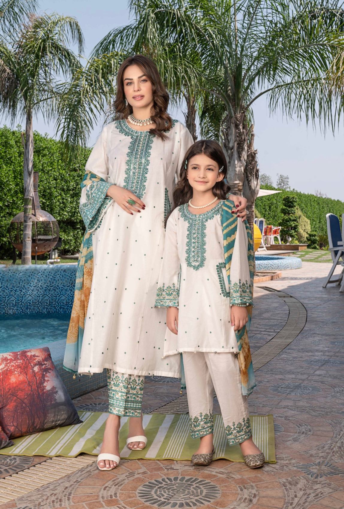 SIMRANS MUMMY & ME/Kids Mb inspired 3 piece Cotton CREAM coloured embroidered suit -02