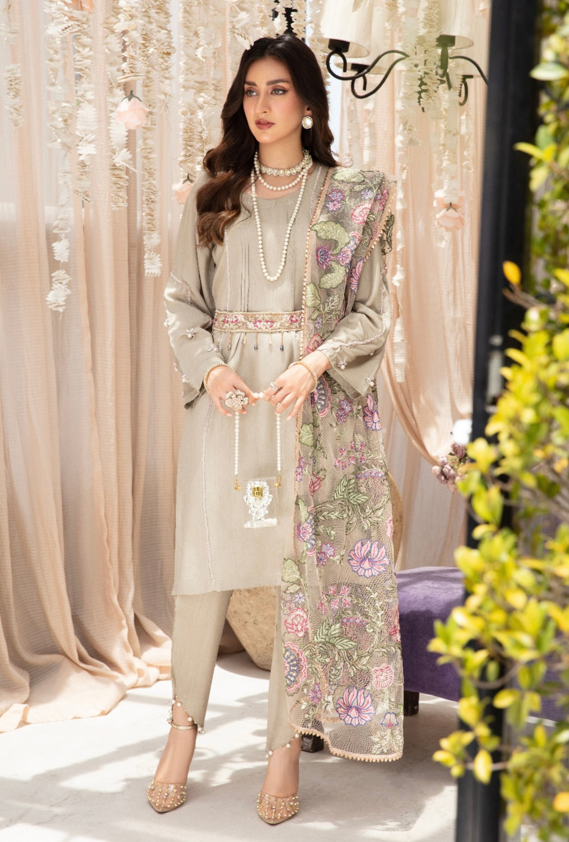 SIMRANS Ivana beaded embroidered lawn suit in light beige Mother Daughter/kids