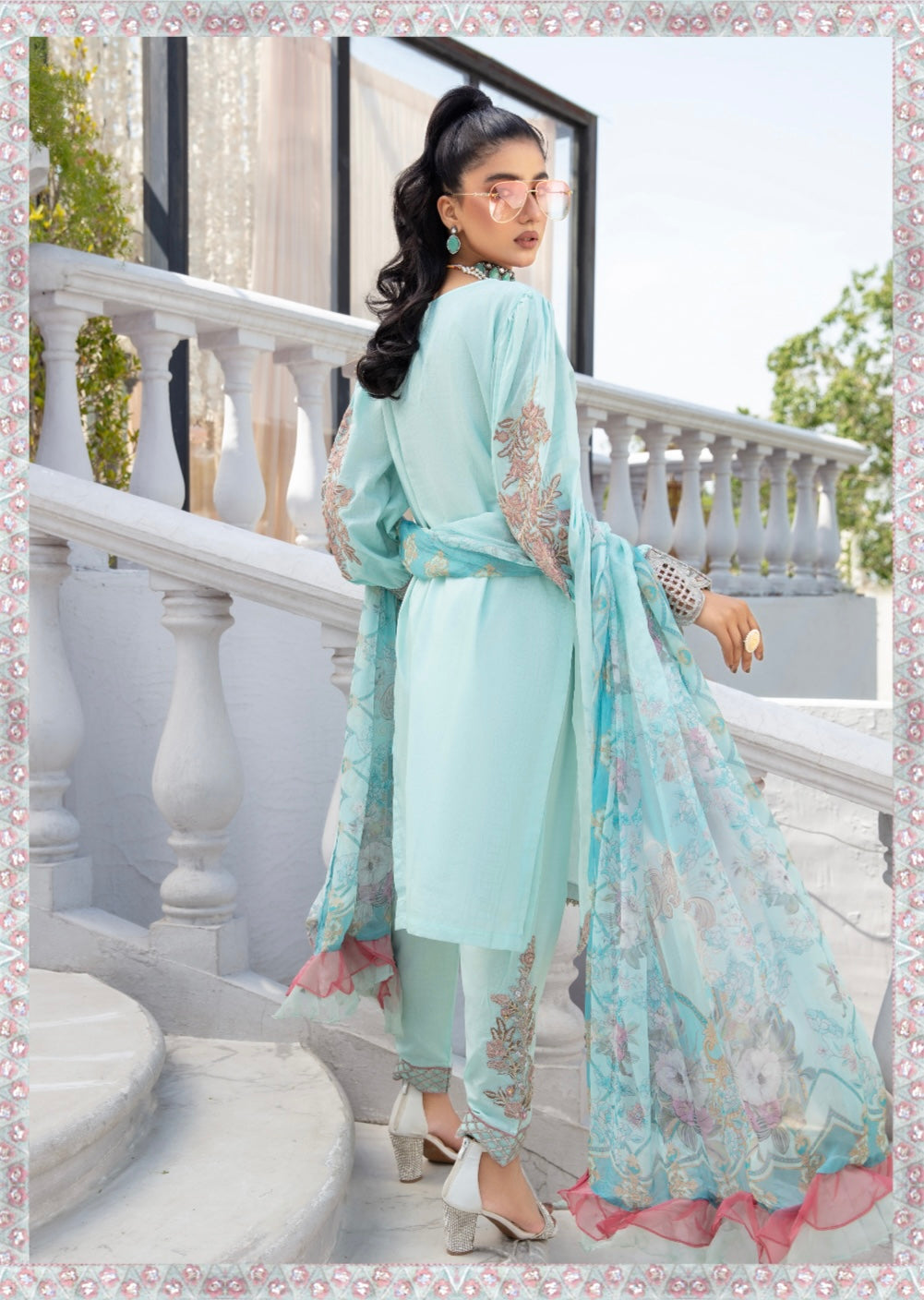 SIMRANS Ivana beaded embroidered lawn suit in ICE BLUE Mother Daughter/kids