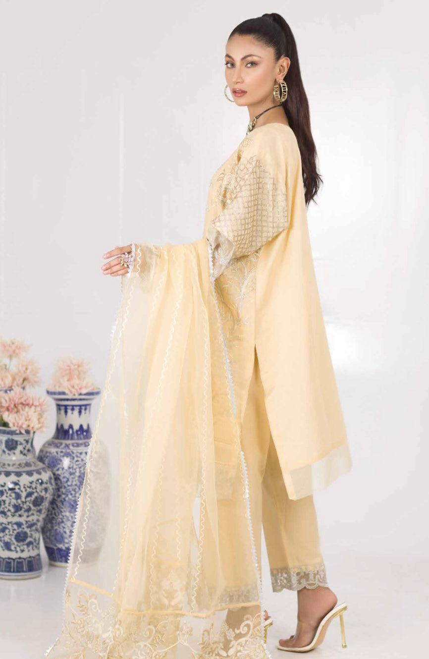 SIMRANS 3 Piece organza embroidered light yellow beige suitSKU C7CASUAL-LIGHTYELLOWBEIGE