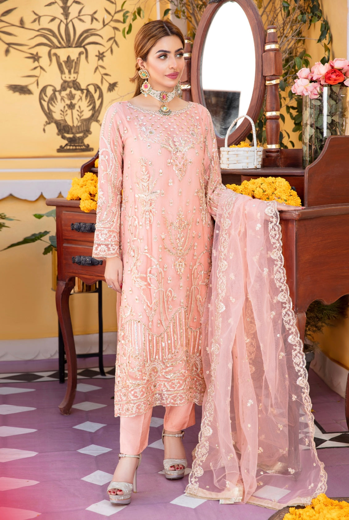 SIMRANS Khushian wedding collection 3 piece peach coloured suit - chiffon