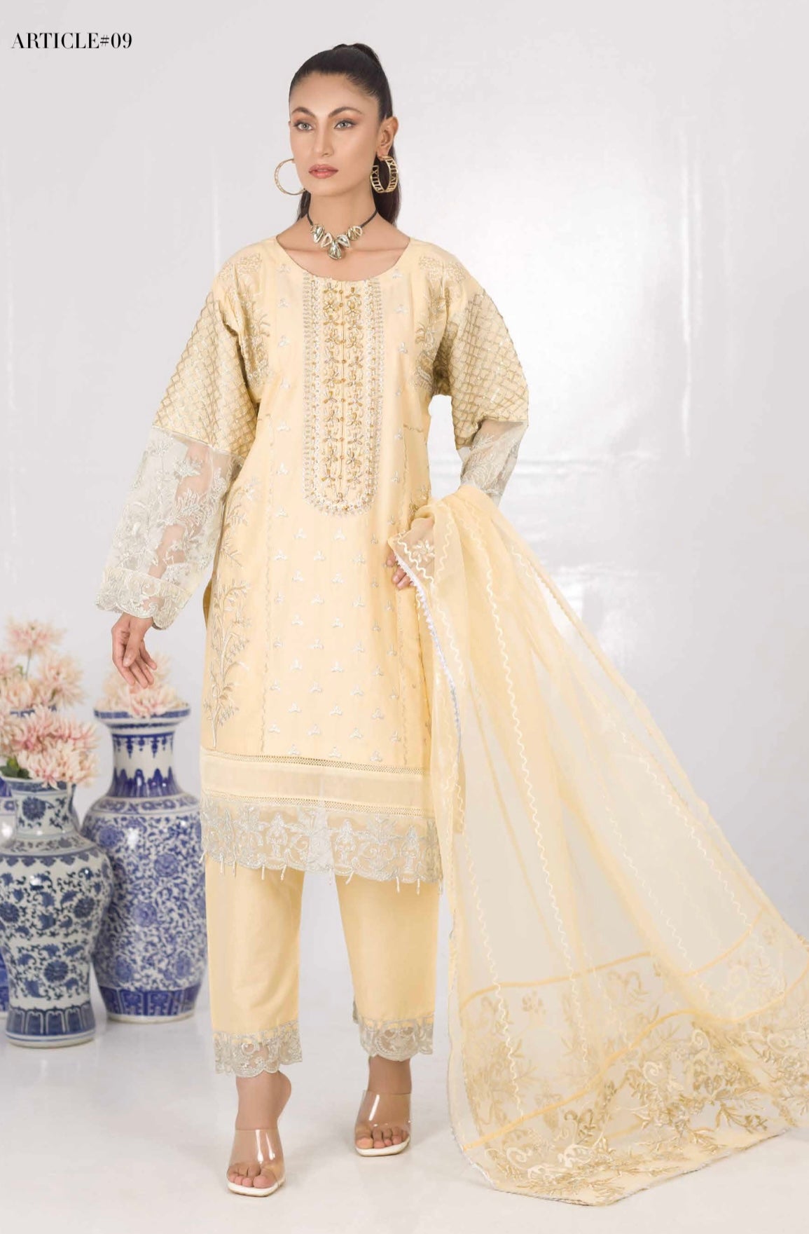 SIMRANS 3 Piece organza embroidered light yellow beige suitSKU C7CASUAL-LIGHTYELLOWBEIGE