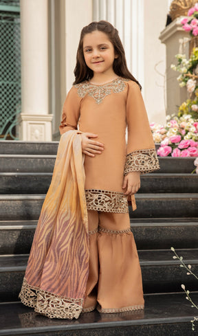 SIMRANS Ivana luxury embroidered 3pc lawn suit in rust brown Mother Daughter/kids