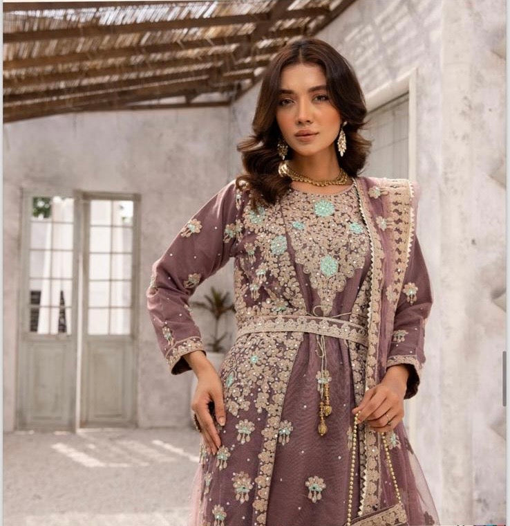 SIMRAN 3 Piece LUXURY embroidered chiffon jacket style suit 213