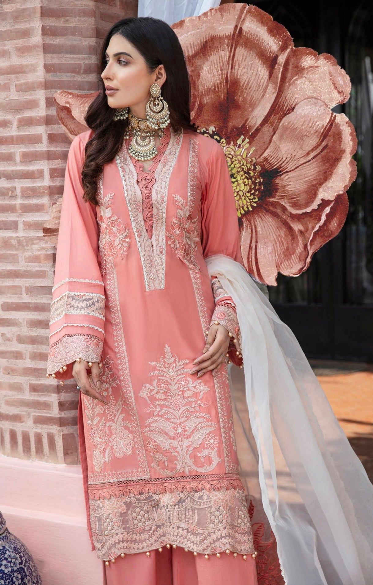 SIMRANS FIESTA MOTHER DAUGHTER/kids luxury embroidery lawn collection in peach FMD-04