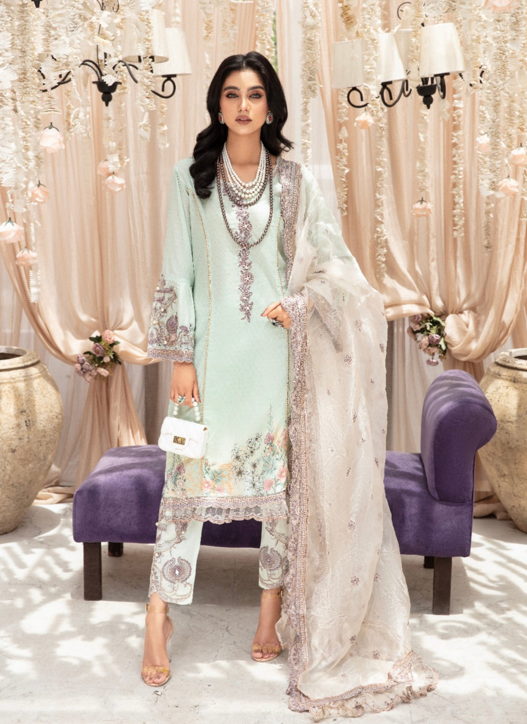 SIMRANS Ivana beaded embroidered lawn suit in light mint Mother Daughter/kids