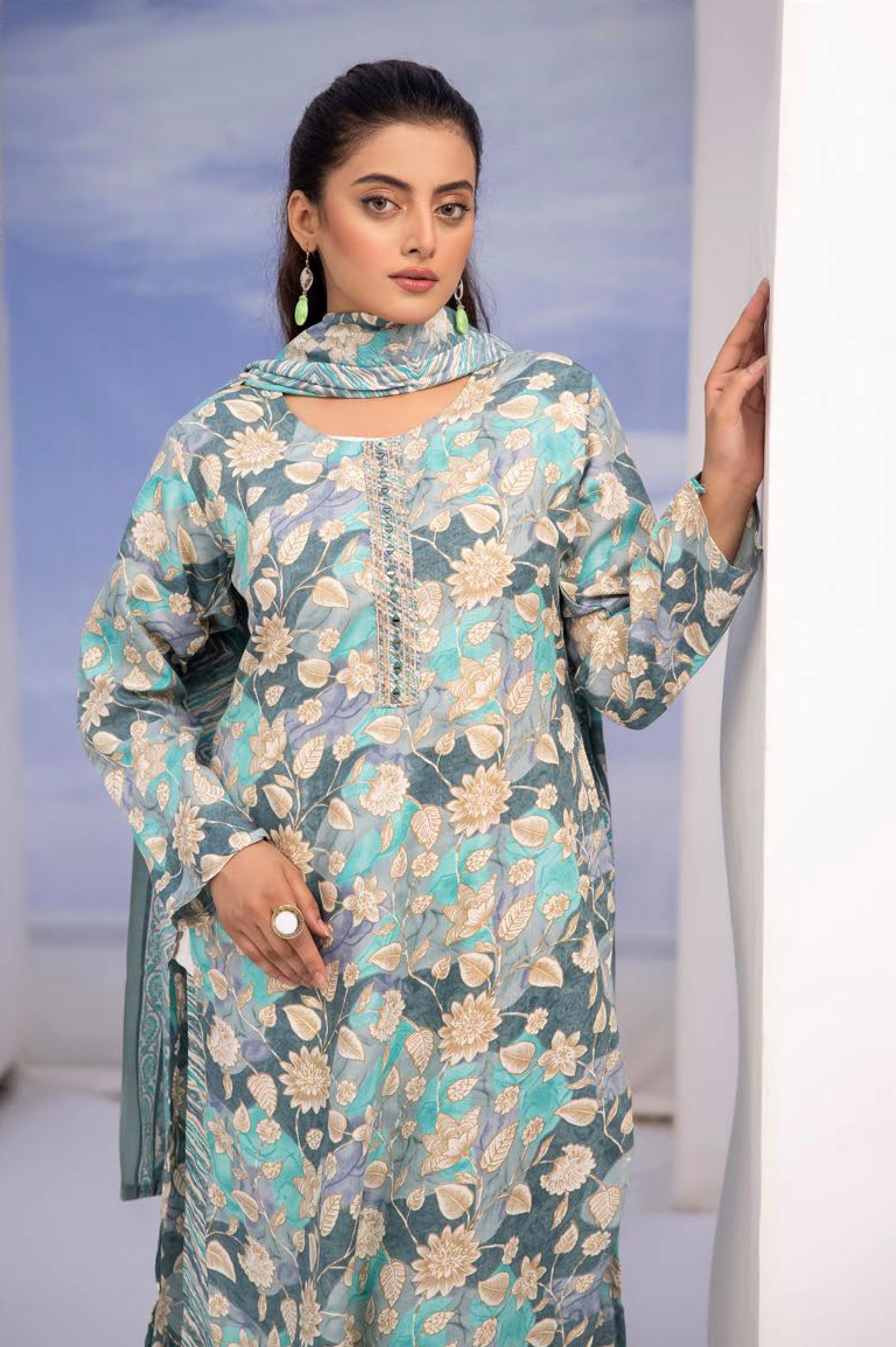 SIMRANS Ajrak Luxe 3 Piece Summer Cotton Lawn Outfit Readymade-SM53