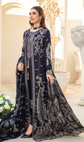SIMRANS Ivana 3 piece chiffon embroidered collection in Navy blue ICD-008