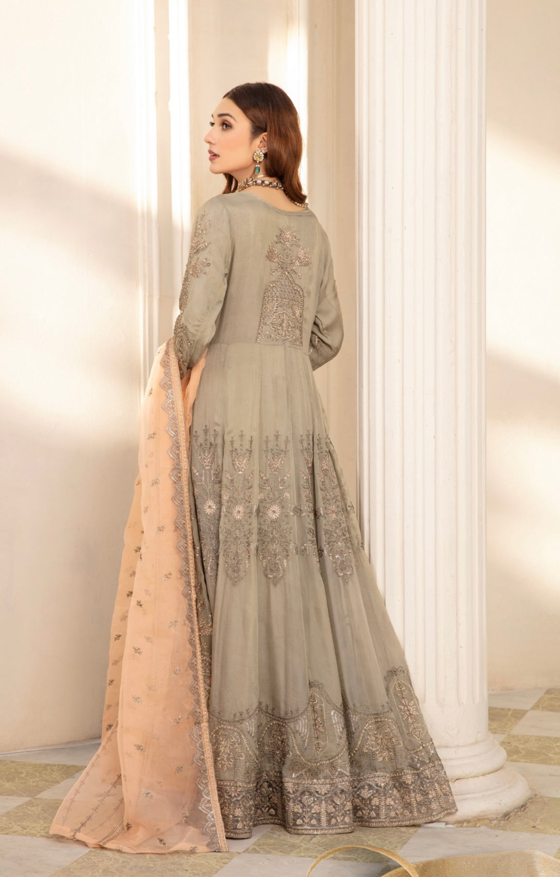 SIMRANS Ivana 3 piece chiffon embroidered collection in khakhi ICD-001