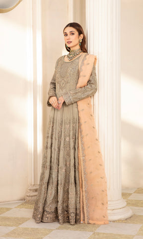 SIMRANS Ivana 3 piece chiffon embroidered collection in khakhi ICD-001