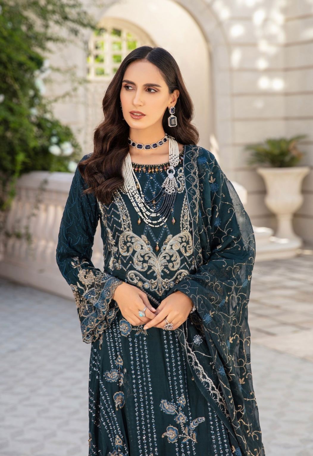 SIMRANS Ivana 3 piece chiffon embroidered teal long dress ICD-003