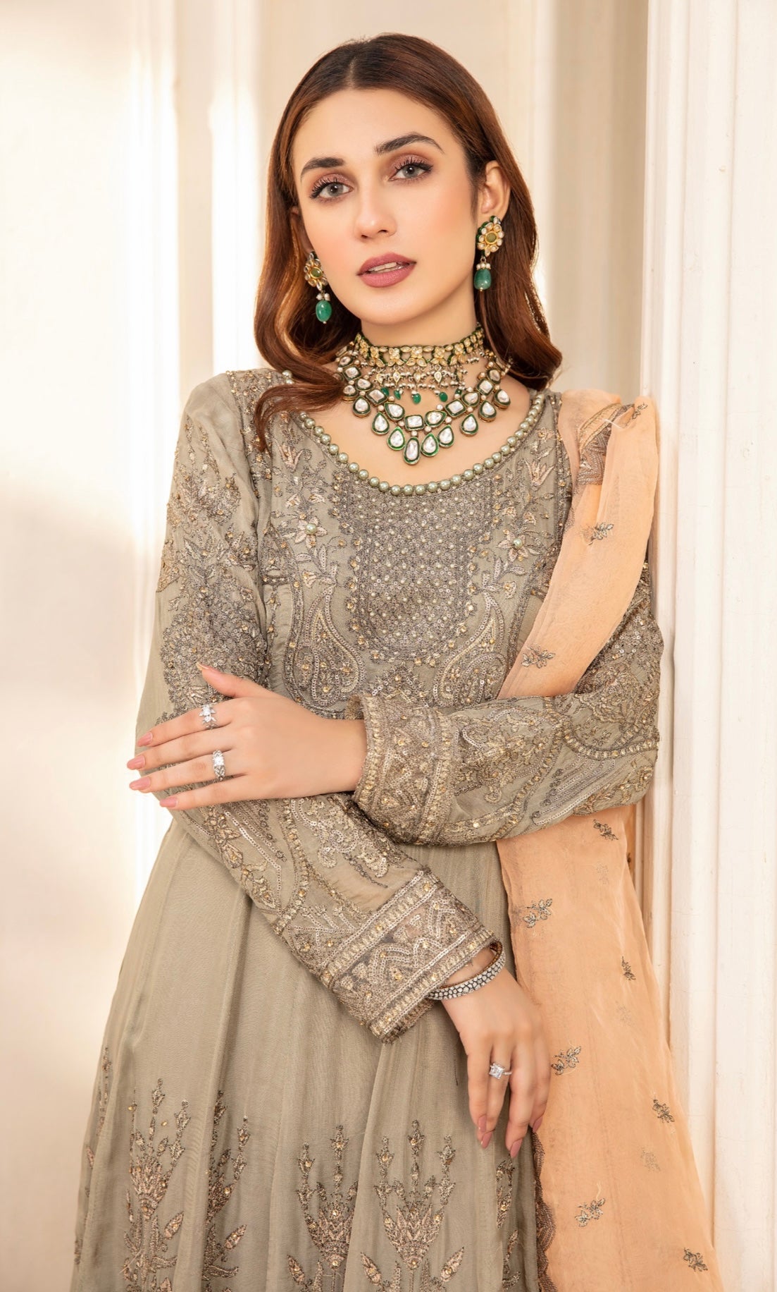 SIMRANS Ivana 3 piece chiffon embroidered collection in khakhi ICD-001