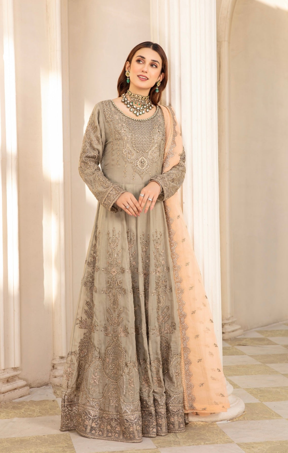 SIMRANS Ivana 3 piece chiffon embroidered collection in khakhi ICD-001