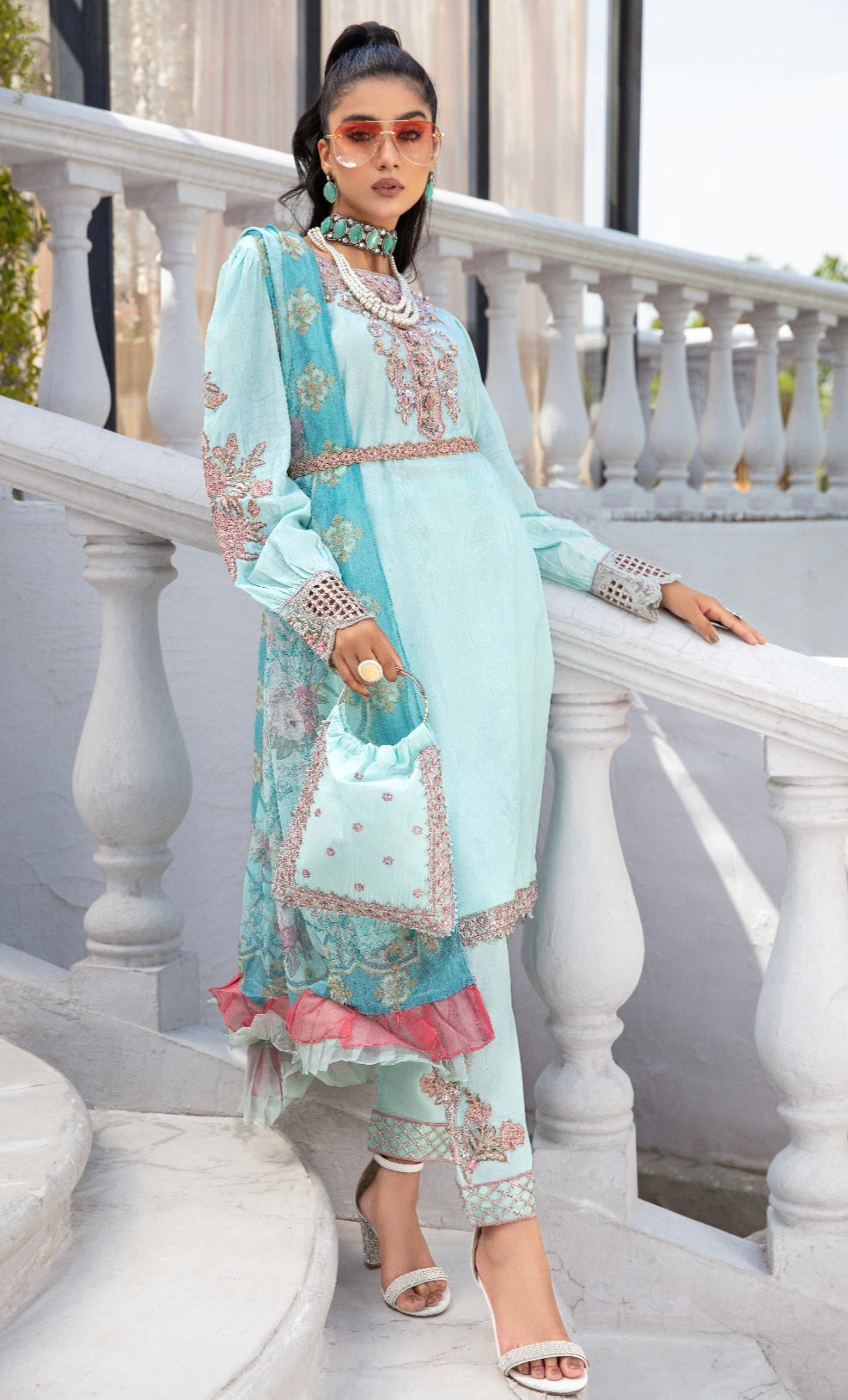 SIMRANS Ivana beaded embroidered lawn suit in ICE BLUE Mother Daughter/kids