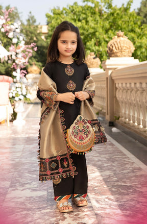 SIMRANS Ivana luxury embroidered 3pc lawn suit in black Mother Daughter/kids
