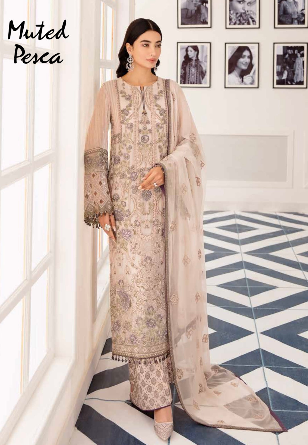 SIMRANS Safeera chiffon muted pesca pink coloured suit