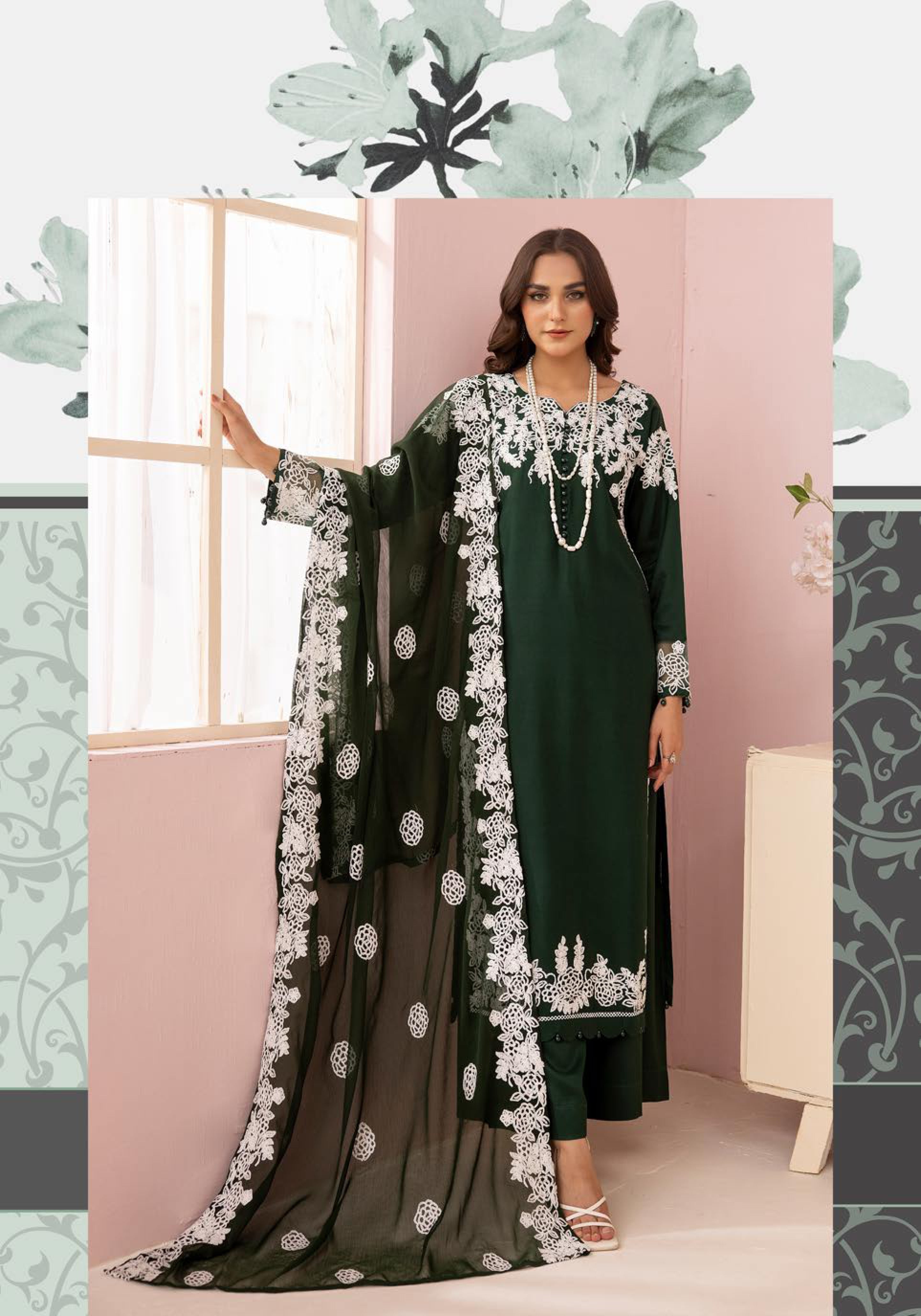 SIMRANS Glam Bottle Green Embroidered Linen 3 Piece Suit With Chiffon Dupatta