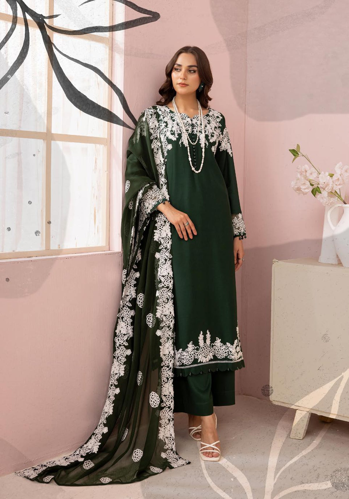 SIMRANS Glam Bottle Green Embroidered Linen 3 Piece Suit With Chiffon Dupatta