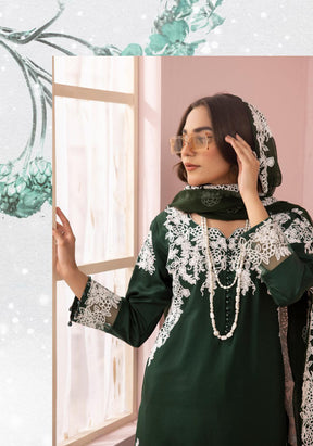 SIMRANS Glam Bottle Green Embroidered Linen 3 Piece Suit With Chiffon Dupatta