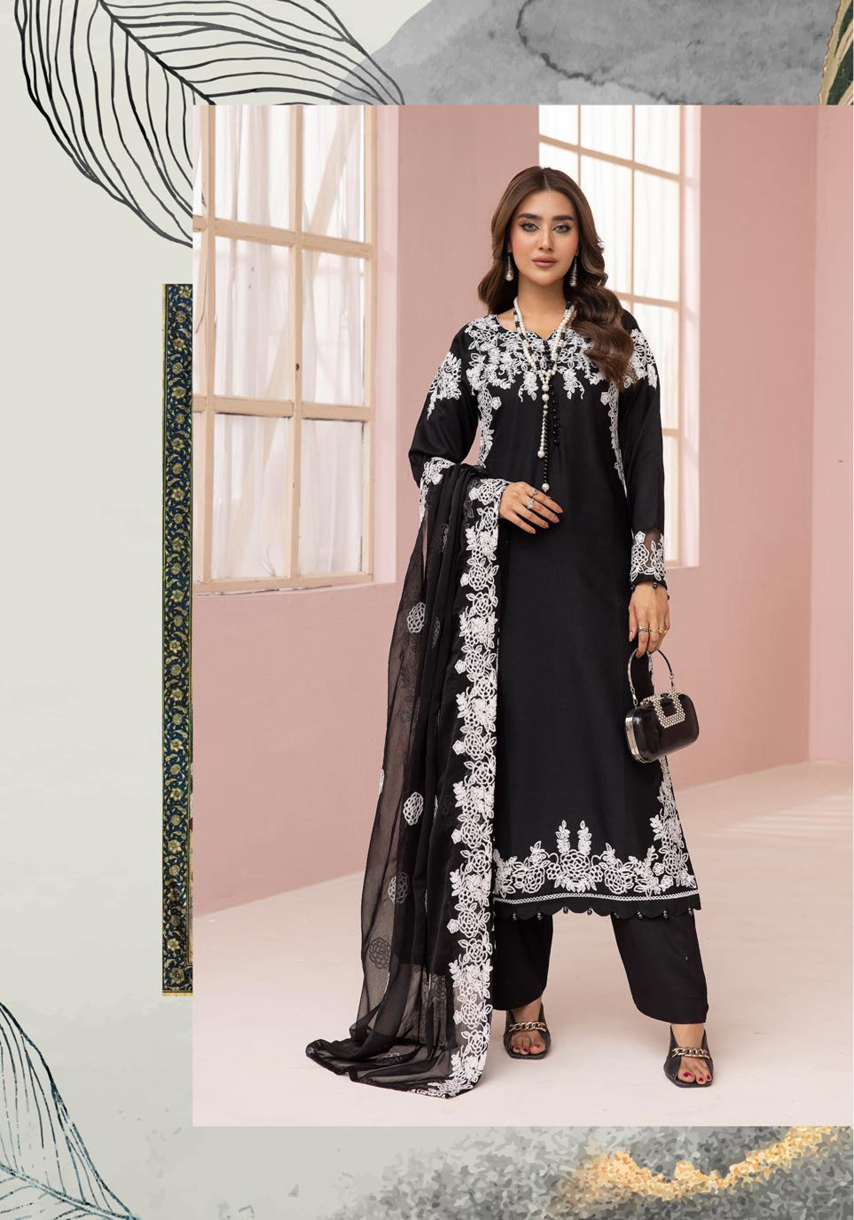 SIMRANS Glam Bottle Black Embroidered Linen 3 Piece Suit With Chiffon Dupatta