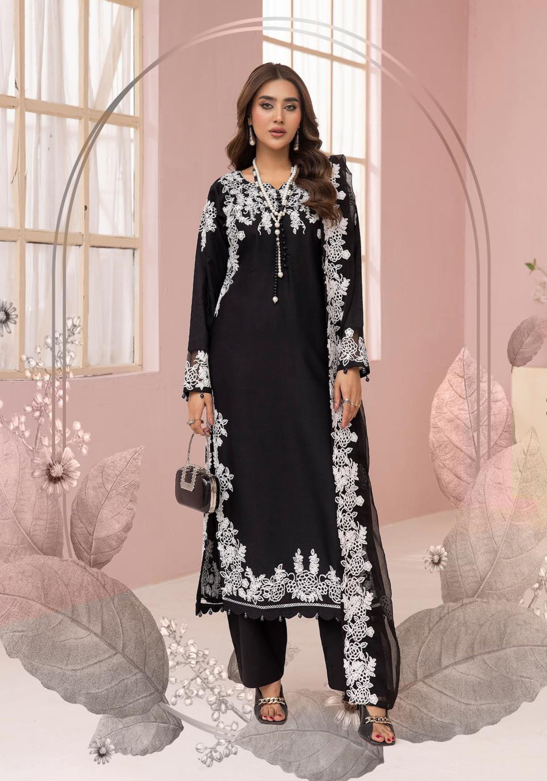 SIMRANS Glam Bottle Black Embroidered Linen 3 Piece Suit With Chiffon Dupatta
