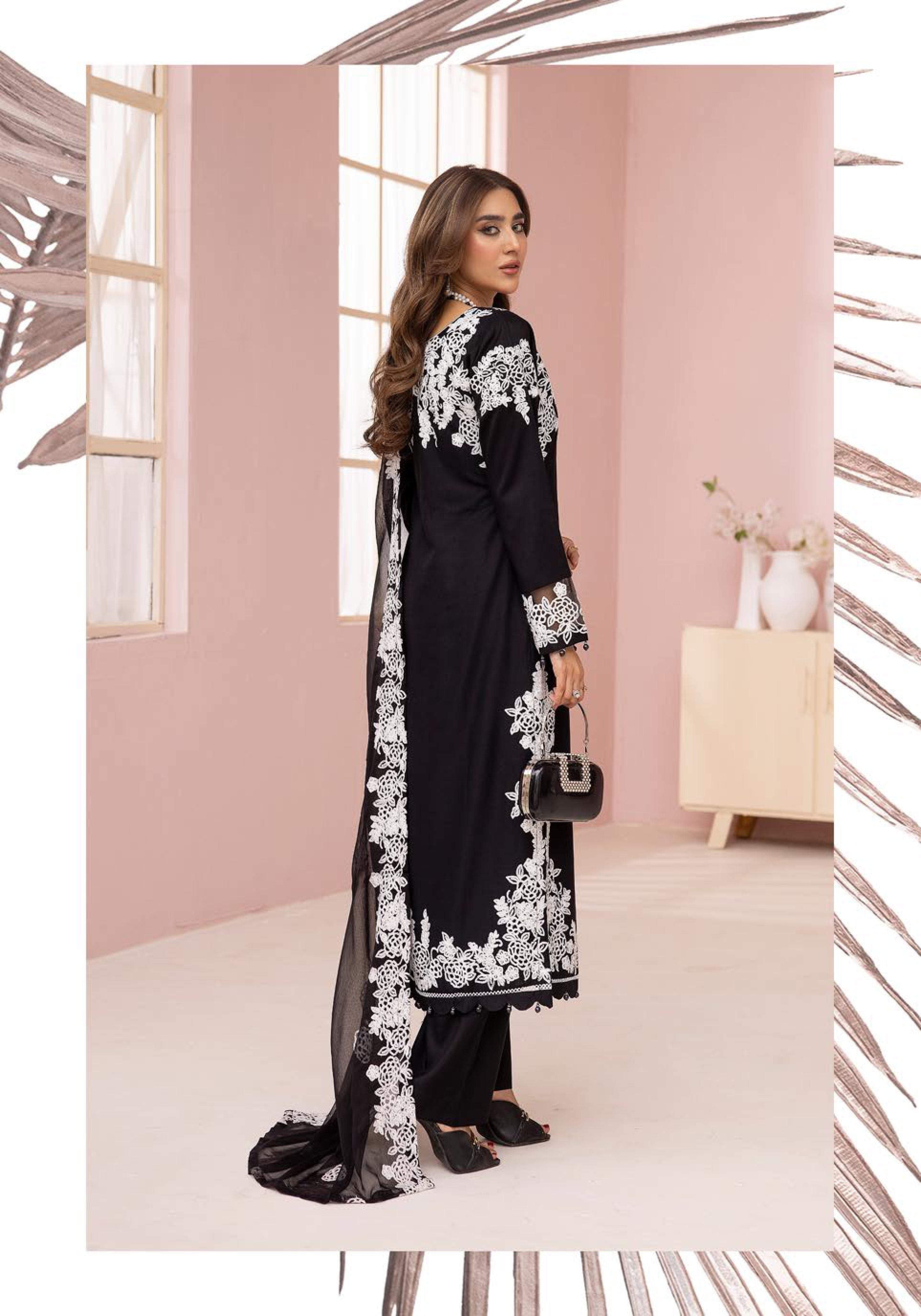 SIMRANS Glam Bottle Black Embroidered Linen 3 Piece Suit With Chiffon Dupatta