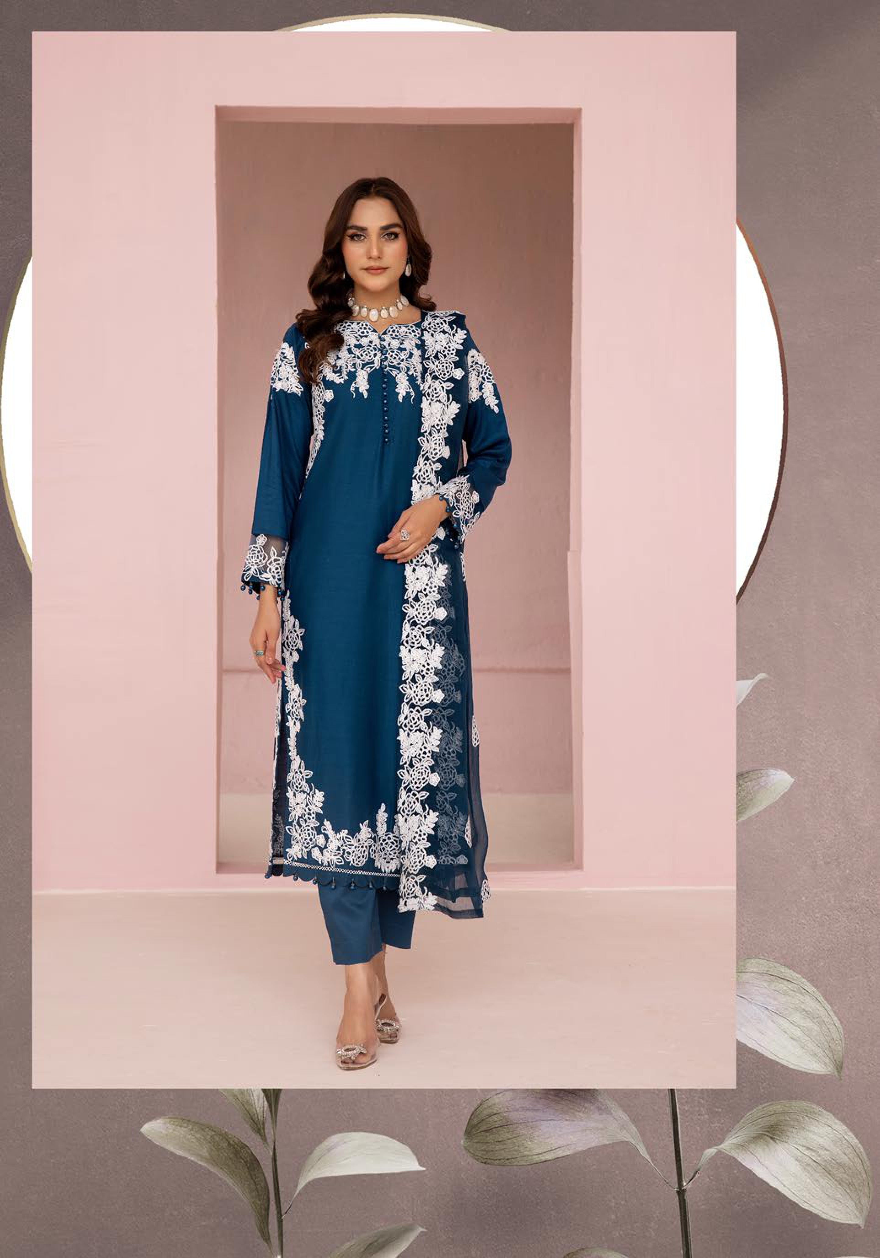 SIMRANS Glam Bottle Midnighr Blue Embroidered Linen 3 Piece Suit With Chiffon Dupatta