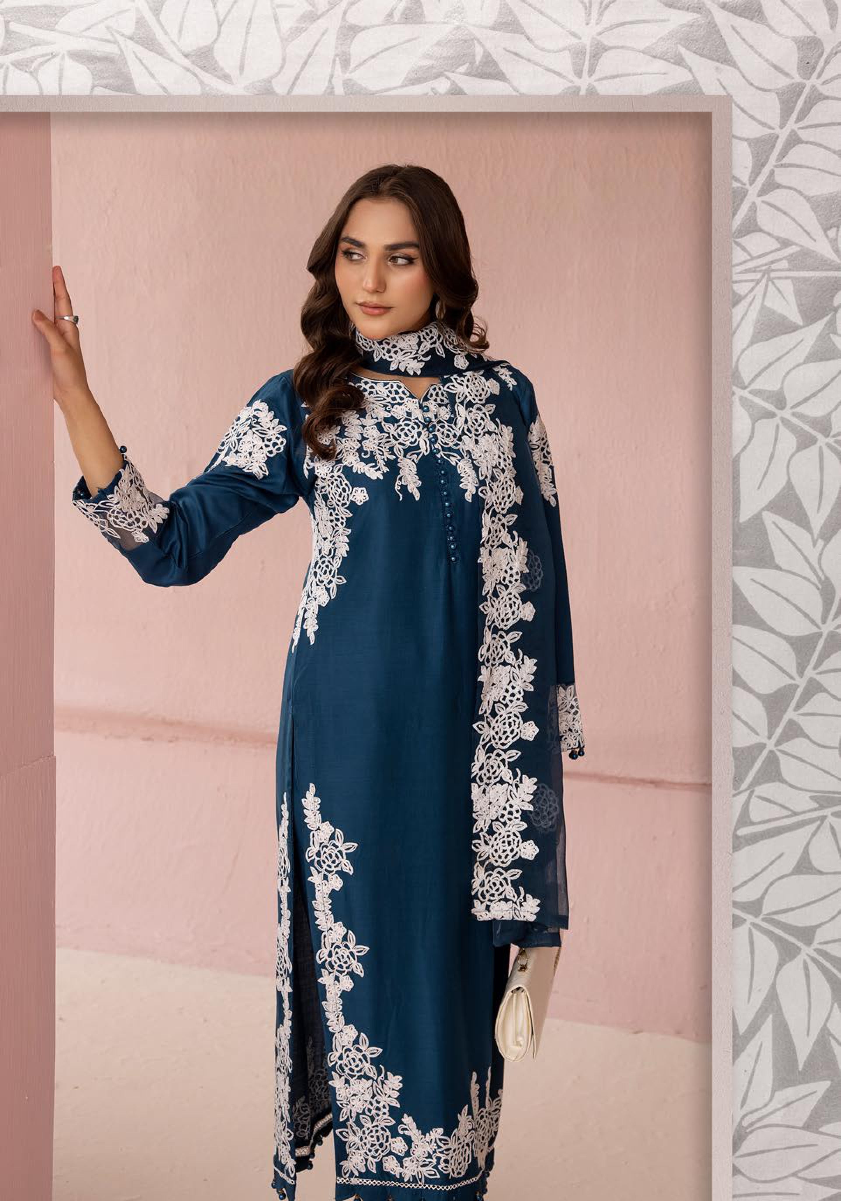 SIMRANS Glam Bottle Midnighr Blue Embroidered Linen 3 Piece Suit With Chiffon Dupatta